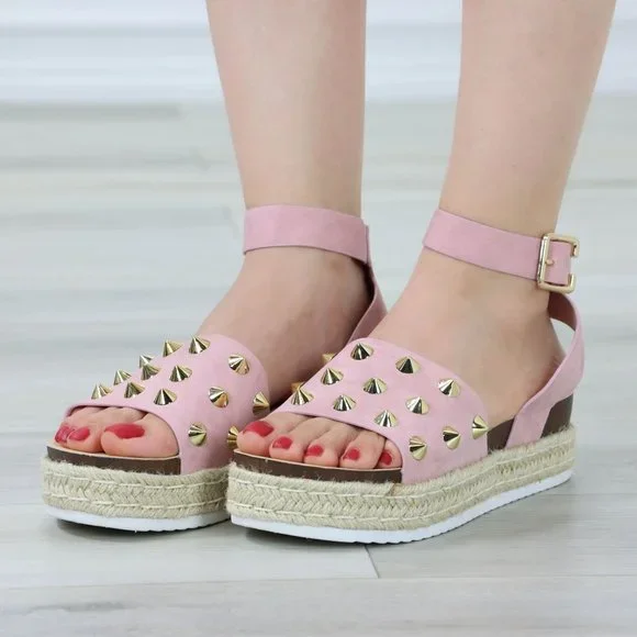 Dusty Pink Nubuck Metal Stud Sandals Espadrille Platform Heel - Picture 7 of 13